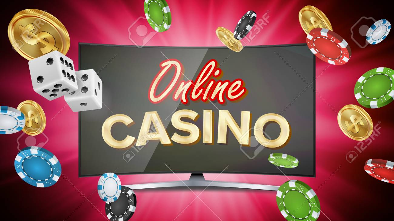 Online Casino Vector. Banner With Computer Monitor. Online Poker Gambling  Casino Banner Sign. Bright Chips, Dollar Coins, Banknotes. Illustration  Royalty Free SVG, Cliparts, Vectors, and Stock Illustration. Image 88063606.
